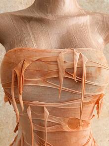 Mistrie Strapless Fitted Colorblock Asymmetrical Design Summer Fashion Dress - Coffee Brown - View 4