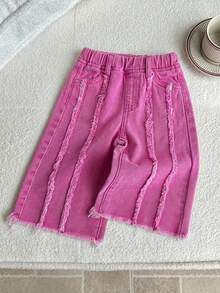 SHEIN LMoss Kids 女嬰寬腿牛仔褲，淡粉色夏季休閒城市度假、波西米亞海灘、西部街頭風、春季假期節慶褲 - 粉色 - 查看 8