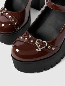 Sugerpunk Giày cao gót đế xuồng hai quai màu đỏ tía quyến rũ dành cho nữ, giày bít mũi đính đá hình trái tim có khóa cài, giày Mary Jane đế dày, chống thấm nước, thích hợp cho các bữa tiệc đêm, Giáng sinh. - Màu nâu Sô-cô-la - Xem 5