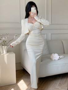 Feyla Bộ 2 món: Áo hai dây thắt eo xếp ly và áo khoác cardigan dài tay, kiểu dáng ôm sát gợi cảm, thích hợp mặc khi trời lạnh. - Màu vàng ngỗng - Xem 5