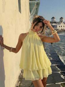 Aloruh 女士新款纯色浅黄色连体连衣裙，露背系带腰身，荷叶边碎花裙摆，复古浪漫优雅度假装扮 - 淡黃色 - 查看 11