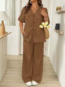 SHEIN 孕妇度假休闲纯色领带衬衫和裤子两件套 - 咖啡棕 - 查看 3