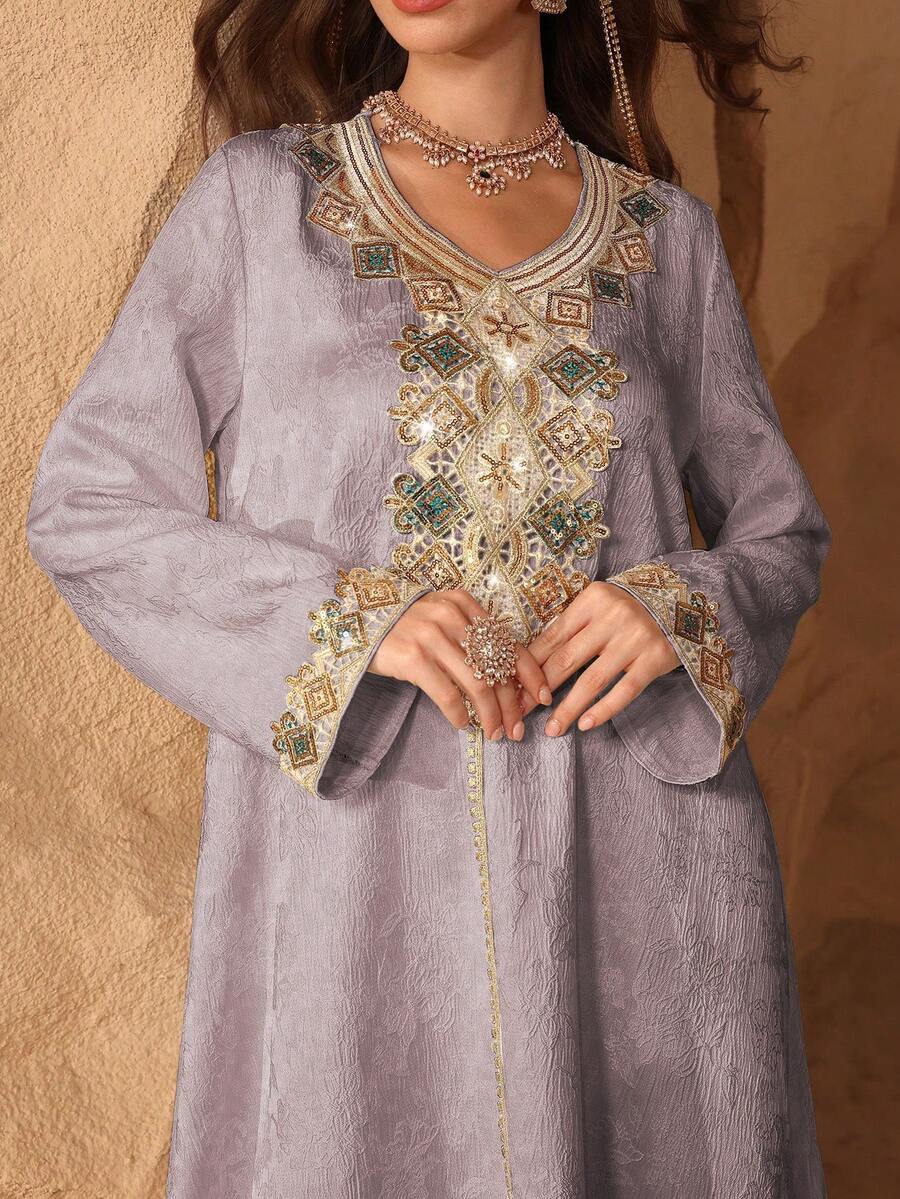 Al Najma Luxurious Embroidered Beaded Loose Jacquard Fabric Turkish & Arabic Traditional Long Robe For Women - Pink - View 1