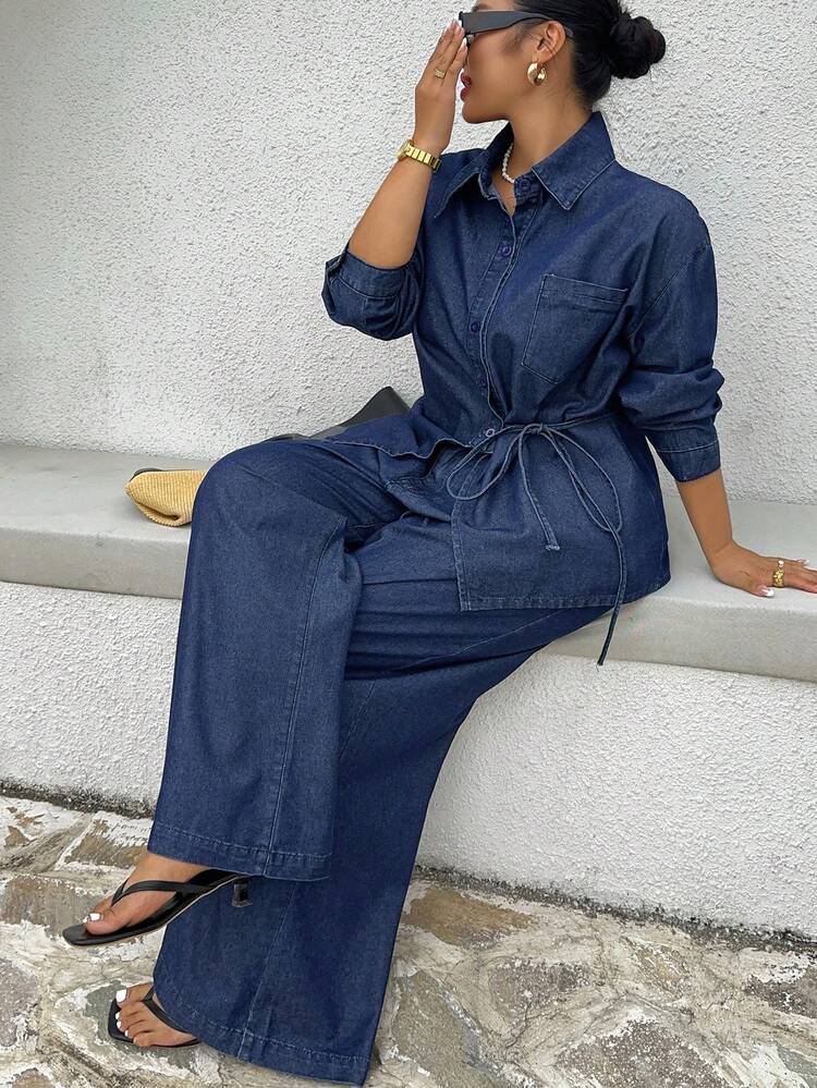 Dazy Plus Plus Size Women Casual Denim Set, Loose Tie Waist Long Sleeve Shirt And Long Jeans, Spring/Summer