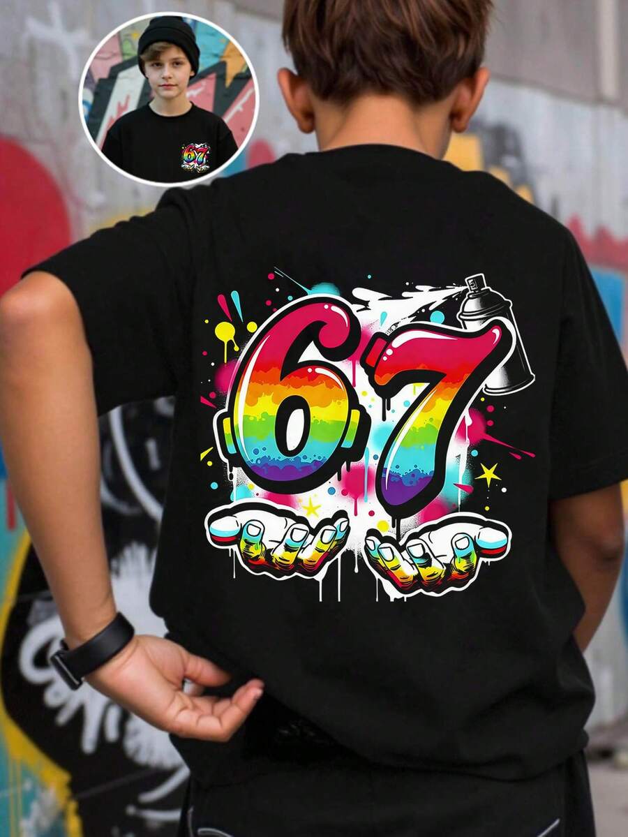男童休闲舒适时尚简约百搭创意趣味卡通67字母泼墨双面印花短袖T恤,适合男孩户外运动穿着 - 黑色 - 查看 1