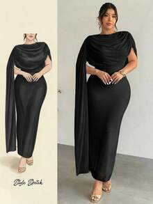 Firerie Gaun Malam Formal Hitam Elegan Ukuran Plus untuk Wanita, Gaun Chiffon Leher Berkerut Musim Gugur, Pakaian Nyaman untuk Perjalanan Kantor & Liburan - Hitam - View 7
