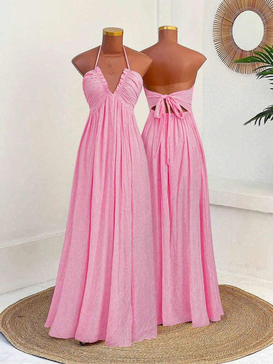 Sweetra 夏季新款度假优雅性感沙滩连衣裙，纹理面料，深V领荷叶边吊带，收腰显瘦 - 西瓜粉 - 查看 1