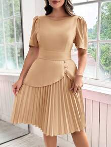 Ellevyn Plus Size Solid Color Asymmetrical Design Metal Buckle Decor Elegant Office Lady Pleated Dress - Camel - View 6