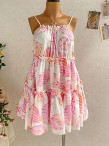 SHEIN WYWH Women's Summer Beach Vacation Starfish & Shell Print Frill Tiered Hem Cami Dress Boho Summer Dress Women Summer Sundress Women Women's Summer Dress Boho Dress Summer Sun Dress Cottagecore Dress - Multicolor - View 1