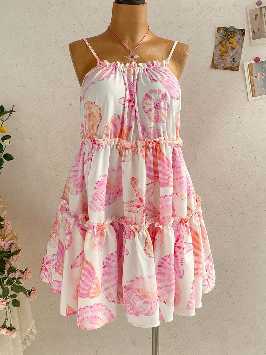 SHEIN WYWH Women's Summer Beach Vacation Starfish & Shell Print Frill Tiered Hem Cami Dress Boho Summer Dress Women Summer Sundress Women Women's Summer Dress Boho Dress Summer Sun Dress Cottagecore Dress - Multicolor - View 1