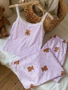 Comfortcana 2pcs Women Teddy Bear Print Camisole And Pants Pajama Set, Teddy Bear Print Sleepwear Set With Built-In Bra - Mauve Purple - View 5