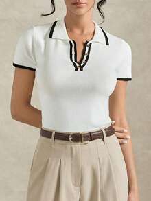 Briarwyn Summer Women's Contrast Trim Half-Zip Casual Short Sleeve Knit Top,Summer Outfits ,Vacation Outfits Women,Old Money Style - White - View 3