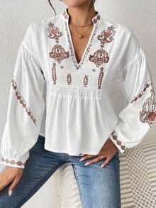 SHEIN LUNE Women's Shirred Graphic Print Long Sleeve Button Shirt Peplum Top - Khaki - View 3