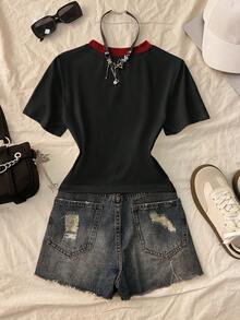 INAWLY Women's Casual Letter & Number Print Round Neck Short Sleeve T-Shirt, Summer - White - View 2
