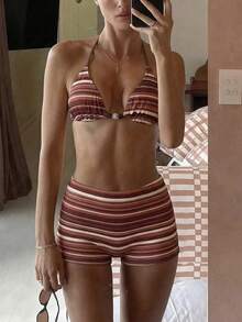 Swim Vcay 吊带条纹印花三角上衣和短裤两件式泳衣 - 彩色 - 查看 3