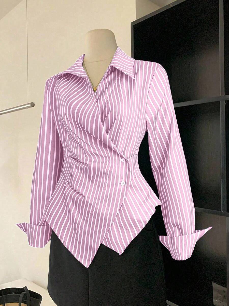 SHEIN LUNE 不对称腰身显瘦条纹长袖女式衬衫 - 粉色 - 查看 1