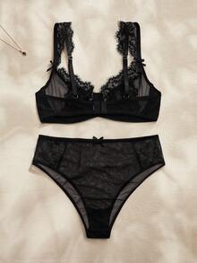 Charlaine 2件套法式蕾丝网纱文胸和高腰内裤套装，优雅秋季女士内衣 - 黑色 - 查看 2