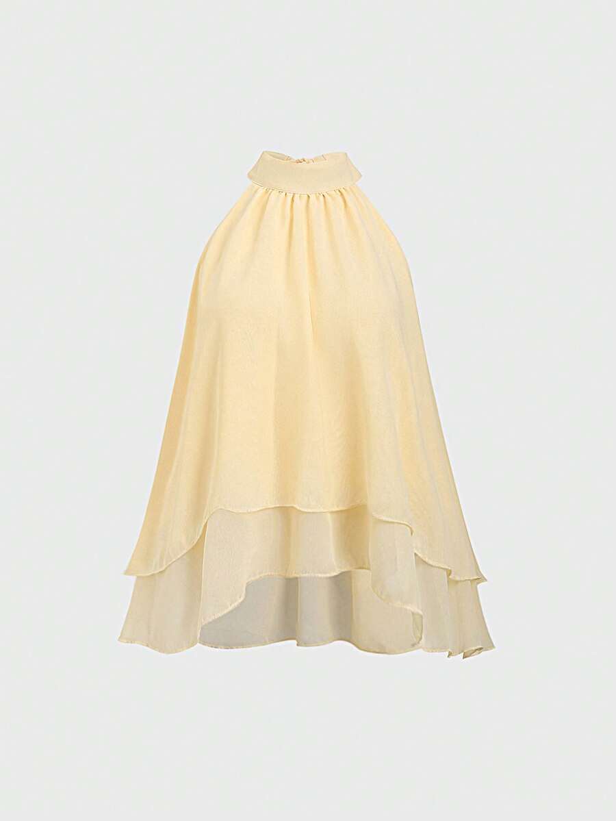 Sweetra Women's Solid Color Ruffle Hem Halter Neck Blouse, Spring/Summer - Light Yellow - View 1