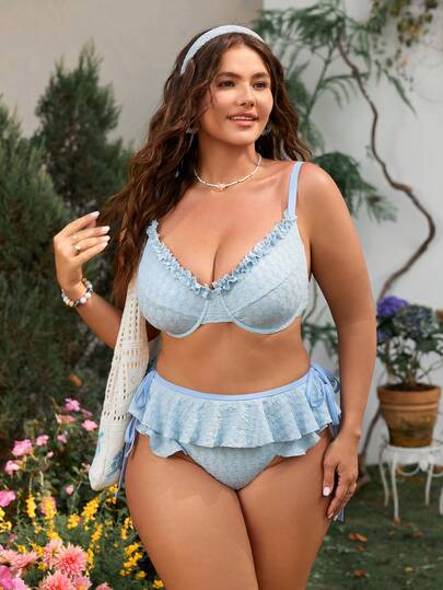 Swim Mod Plus Size Women Summer Beach Ruffled Tie-Up Sexy Bikini Swimsuit Set