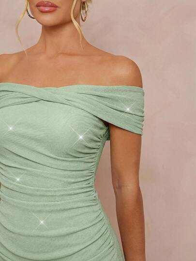 Lumalex Spring /Summer Modest Old Money Glitter Holiday Party Outfit Rave Festival Outing Swim Vacation Bohemian BOHO Hot Outdoor Richly Layered Wedding Season Banquet Coming Of Age Ceremony Beach Seaside New Winter Beach Vacation Easter Bohemian Style Beach Outdoor Wedding Party Adult Ceremony Back To School Party Elegant Green Mesh One Shoulder Ruched Decor Fitted Bodycon Maxi Dress For Women One Shoulder Dress One Sleeve Dress Green Dress Draped Dress,Elegant Dresses For Women,Prom Dress