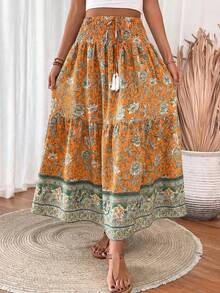 Breezaya Váy chữ A có dây rút eo và tua rua trang trí dành cho nữ, kiểu maxi, thích hợp cho nữ. - trái cam - Xem 3