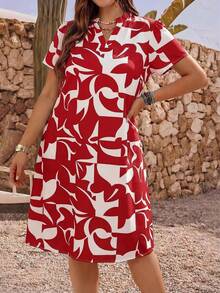 EMERY ROSE 大码女式夏季休闲几何印花短袖连衣裙 - 酒紅色 - 查看 3