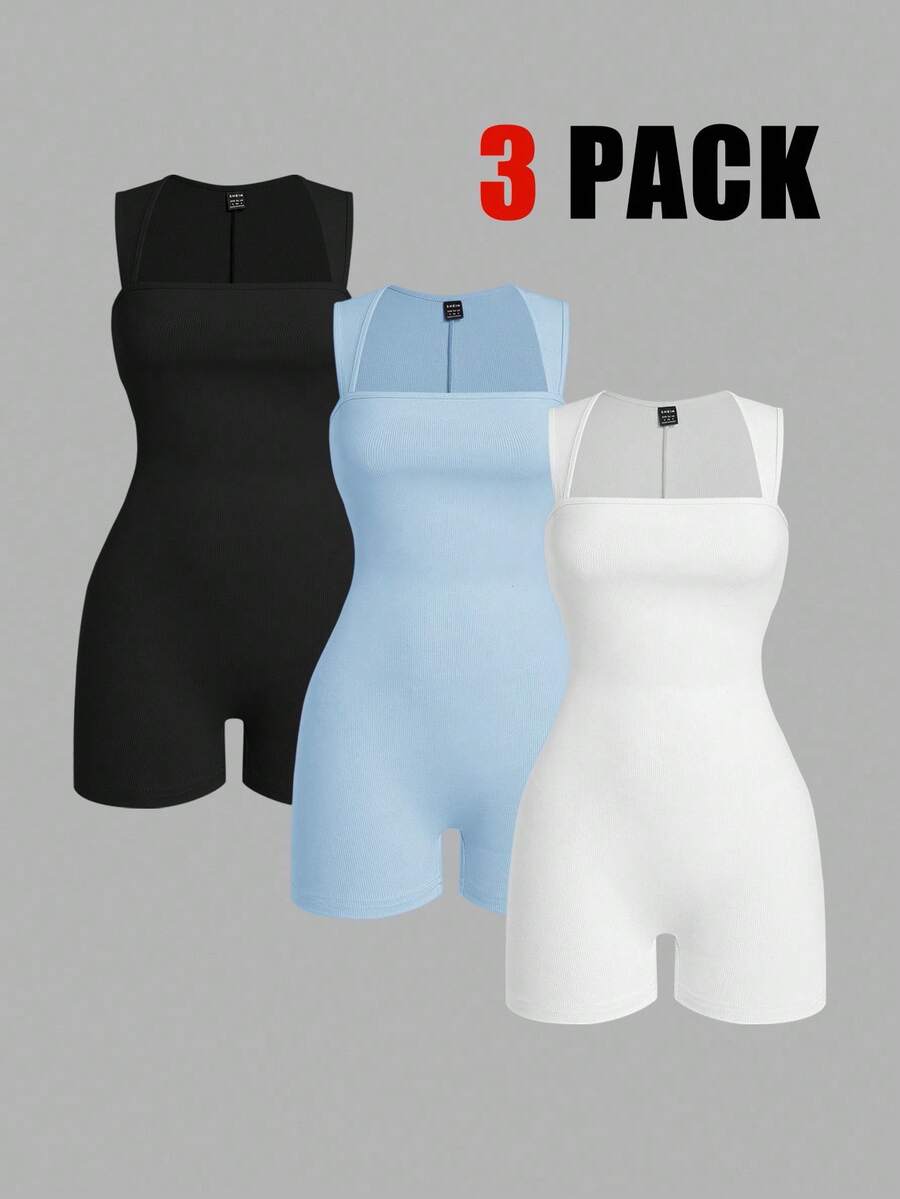 SHEIN EZwear 3件套无袖修身连体裤 - 藍色 - 查看 1