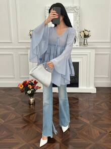 Modelyn 女士优雅纯色喇叭袖荷叶边下摆衬衫，休闲现代女式衬衫，新款优雅女士套装，衬衫裤装，正式女式套装 S3433，女装，女士上衣和衬衫，女士长袖上衣，优雅女式衬衫 - 藍色 - 查看 6