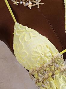 Bonvoyette 新款春夏黄色提花面料海星贝壳饰边细肩带比基尼套装 - 黃色 - 查看 3