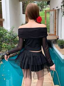 K-Vae 1 Set Soft Mesh Solid Color Off-Shoulder Long Sleeve Cinched Waist Top And Layered Ruffle Mini Skirt, Minimalist Aesthetic 2-Piece Set - Black - View 2