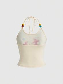 ROMWE Y2K 可爱宝贝岛屿度假金鱼涂鸦印花露背女装 - 杏色 - 查看 2