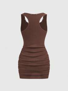 ROMWE Grunge Punk 女士复古坏女孩中性街头休闲星星铆钉印花迷你紧身连衣裙 - 棕色 - 查看 2