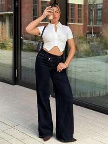 Bethéva Jeans de ajuste holgado con cintura asimétrica para mujer - Azul lavado oscuro - Ver 6