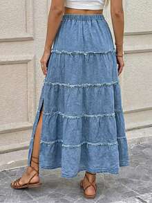 Vivid Eden Chân váy denim dáng chữ A xẻ tà bên hông, cạp chun co giãn dành cho nữ. - Rửa trung bình - Xem 2