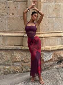 Aloruh 女士夏季新款紫色优雅性感度假浪漫约会时尚外出印花镂空露背吊带连衣裙 女士假日套装 Y2K 游艇派对连衣裙 - 紫色 - 查看 6