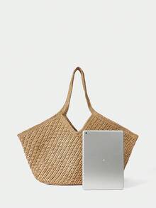 SHECARRY Tas Tangan Wanita Anyaman Modis, Tas Tote Bahu Kapasitas Besar - Khaki - View 4