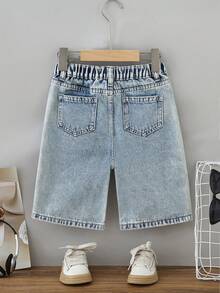 SHEIN Explorewe Young Boy Summer New Retro Vintage Blue Elastic Waist Casual Patchwork Washed Denim Straight Shorts, Suitable For Daily Outings, Outdoor Activities, Travel, Family Events, Parties, Etc. - Medium Wash - View 2