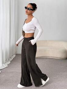 SHEIN Unity Calça Palazzo Feminina Casual, Corte Reto e Solto com Fenda Lateral, em Veludo Cotelê Leve, Ideal para o Verão. - Castanho Café - Ver 3