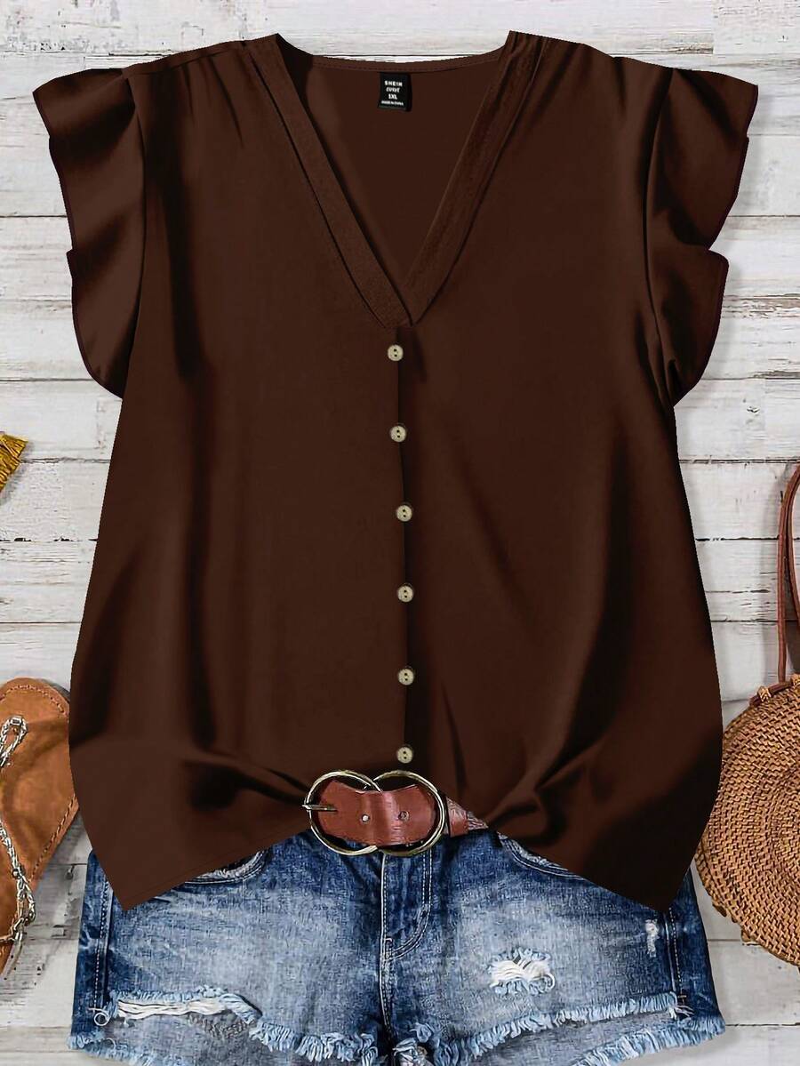 EMERY ROSE Plus Size Women V-Neck Casual Versatile Daily Wear Shirt - Rust Brown - View 1