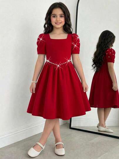 SHEIN 1pc Tween Girls' Elegant Knitted Textured Beaded Decor Petal Sleeve Fitted Waist Red Dress, Suitable For Daily Wear, Parties, Banquets