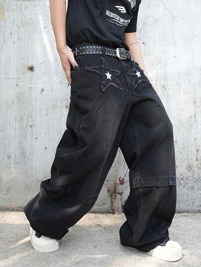 Manfinity ZONE917 Vintage American Washed Black Star Embroidered Loose Wide-Leg Pants