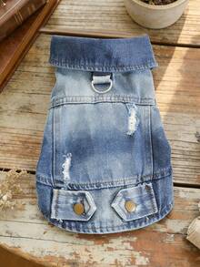 PETSIN 1pc Pet Cool Jacket, Cat/Dog Universal Clothes, Washed And Torn Retro With Traction D-Ring, Small Dog Jacket - Blue - View 1