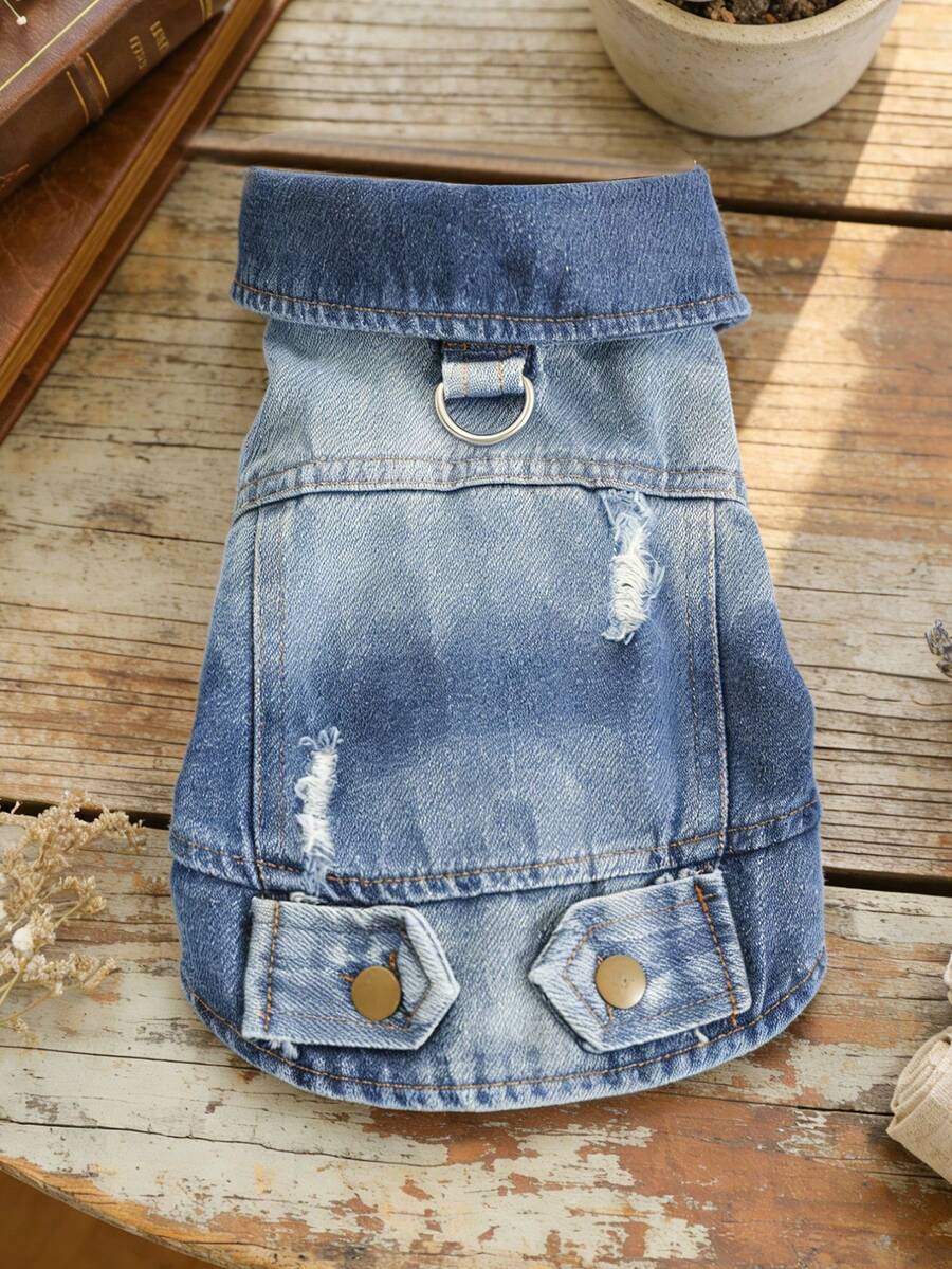 PETSIN 1pc Pet Cool Jacket, Cat/Dog Universal Clothes, Washed And Torn Retro With Traction D-Ring, Small Dog Jacket - Blue - View 1