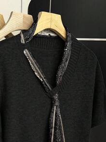 Franclia Summer Black Elegant Smart Office Knit Blouse,Vintage V-Neck Short Sleeve Loose Casual Top,Layered Design Asymmetric Tie-Up Chic Korean Style Business - Black - View 7