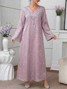 Al Najma Đầm maxi dài tay sang trọng thêu và đính cườm, phong cách truyền thống Thổ Nhĩ Kỳ và Ả Rập. - Màu tím - Xem 3