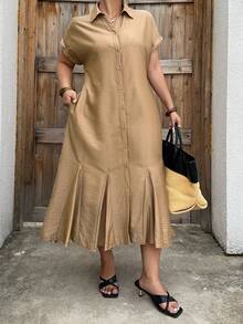 Dazy Plus Plus Size Fashionable Solid Color Versatile Collared Shirt Dress, Suitable For Commuting, Spring/Summer Sundress - Khaki - View 8