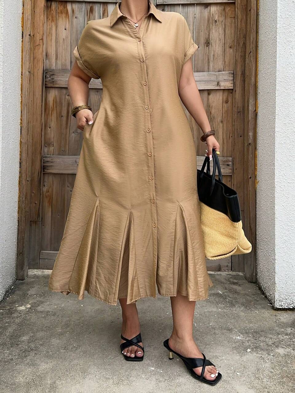 Dazy Plus Plus Size Fashionable Solid Color Versatile Collared Shirt Dress, Suitable For Commuting, Spring/Summer Sundress