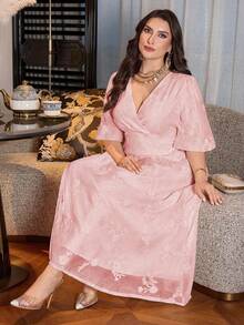 Modelyn Abito in chiffon con vita svasata e maniche corte, decorato con ricami floreali, stile francese elegante per occasioni speciali, disponibile in taglie comode - Rosa - Visualizzare 1