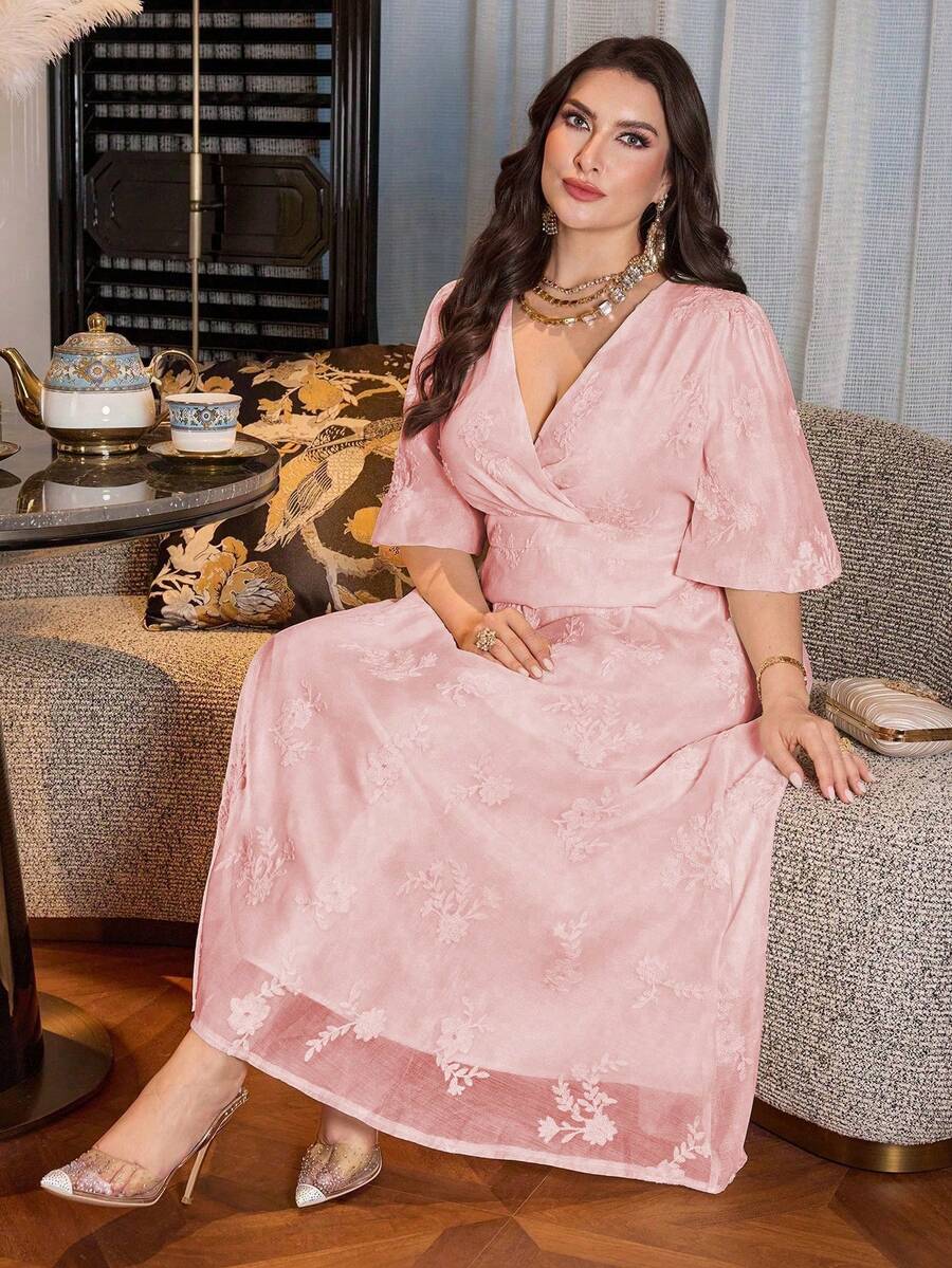 Modelyn Abito in chiffon con vita svasata e maniche corte, decorato con ricami floreali, stile francese elegante per occasioni speciali, disponibile in taglie comode - Rosa - Visualizzare 1