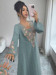 Yasmyna Women's Square Neck Long Sleeve Loose Textured Sequins Embroidered Floral Applique Romantic Elegant Arabic Style Dress - Dusty Blue - View 6